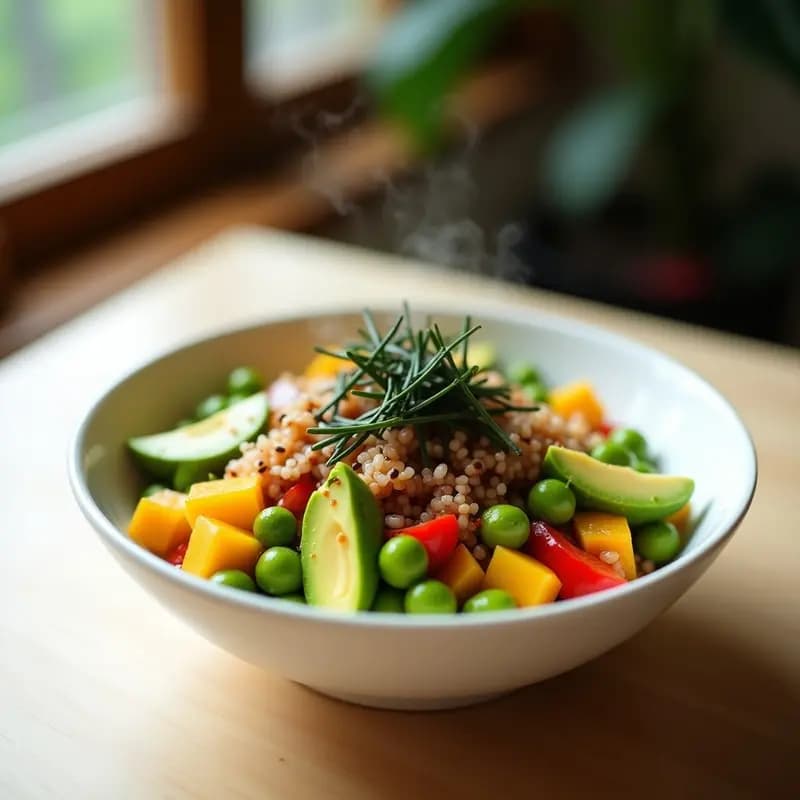 Bol de cerámica blanca lleno de poke de mango verde en juliana, edamame, cebolla morada, pimiento rojo y aguacate en cubos, bañado en salsa teriyaki vegana brillante. Decorado con semillas de sésamo tostadas y tiras de alga nori sobre fondo de madera clara.