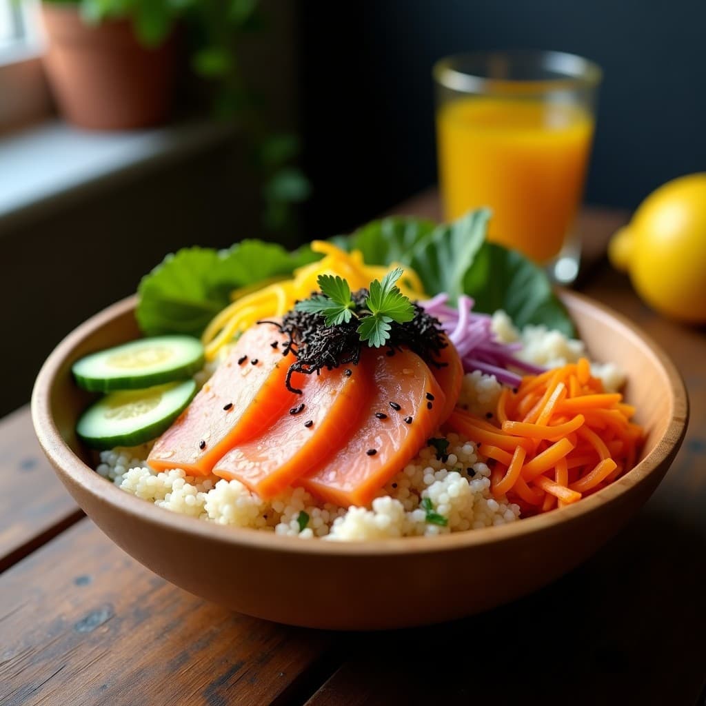 Poke de quinoa y salmón ahumado servido en bol de cerámica blanca con vinagreta de cítricos brillante, decorado con germinados de rábano, semillas de sésamo negro, tiras de alga nori y hojas de cilantro fresco sobre fondo de madera clara.
