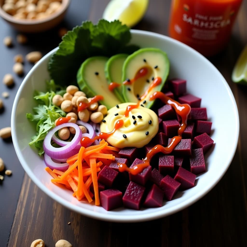 Poke de Remolacha Ahumada y Queso de Anacardos: Bowl Vegano con Salsa Sriracha y Cacahuetes