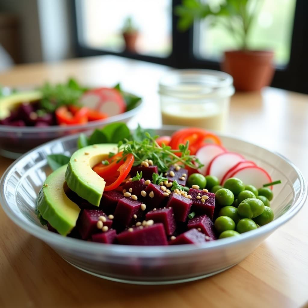 Poke vegano en tupper de cristal con remolacha marinada en cubos, edamame verde, aguacate, rábanos y pimiento rojo, decorado con semillas de sésamo, cebollino y algas nori. Vinagreta de miso blanco servida aparte en pequeño frasco.