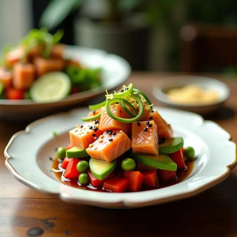 Pokes de salmón y aguacate con salsa de soja y jengibre en bowl hawaiano, decorado con semillas de sésamo, cebollino y algas nori, sobre fondo de madera clara.