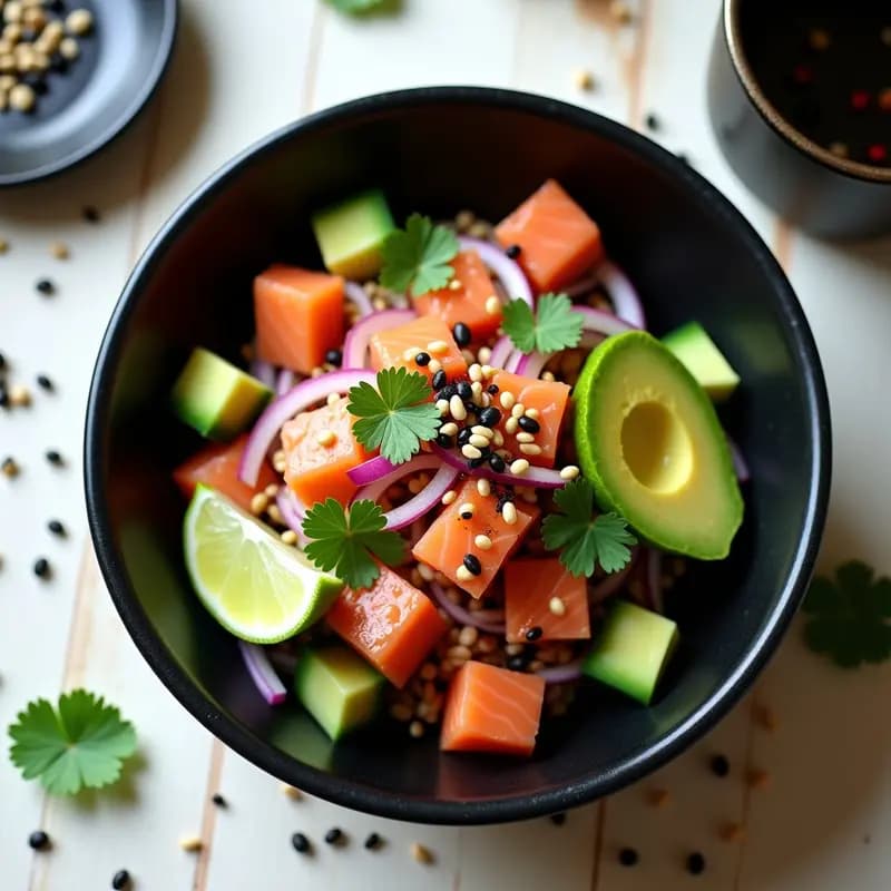 Poke de salmón ahumado y aguacate en bowl negro, con cubos de salmón rosado marinado, aguacate verde, cebolla morada, germinados de rábano, sésamo y tiras de nori. Aderezo brillante de soja y sésamo.