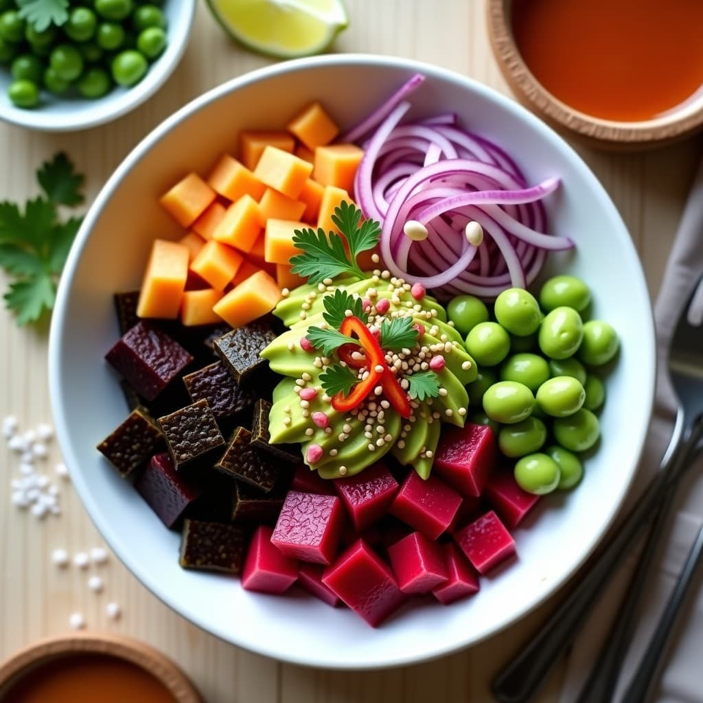 Pokes vegano hawaiano en bol de cerámica blanca con remolacha en cubos rosados, aguacate verde cremoso, cebolla morada, pimiento rojo, edamame, algas nori y semillas de sésamo. Vinagreta de tamarindo brillante y decoración con cilantro fresco y pimienta rosa.