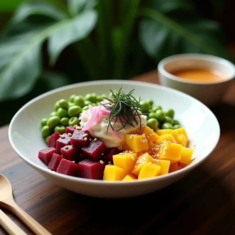 Bowl hawaiano vegano con pokes de remolacha asada en cubos dorados, mango Ataulfo en dados, aguacate en láminas, edamame, cebolla morada y pimiento amarillo, decorado con semillas de sésamo negro, algas nori y cilantro, bañado en aderezo de jengibre brillante.