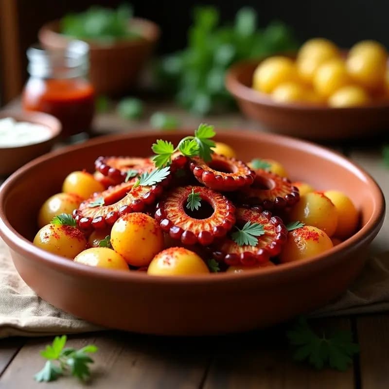 Plato tradicional gallego de Polbo á Feira con rodajas de pulpo tierno, patatas cocidas enteras, espolvoreado con pimentón de la Vera y perejil fresco, servido en fuente de barro sobre mesa rústica.