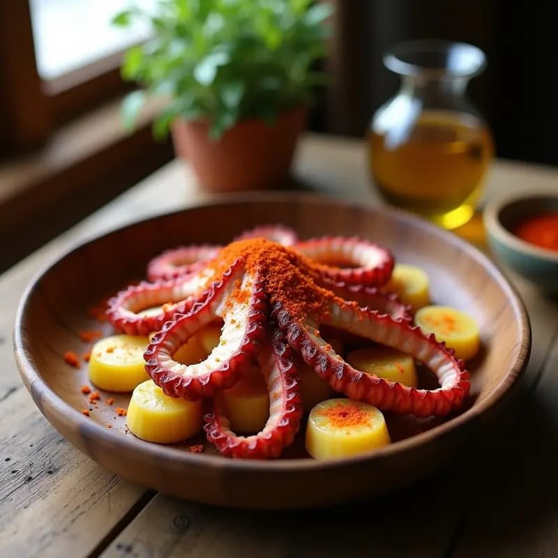 Plato de madera rústico con polbo á feira: rodajas gruesas de pulpo tierno sobre rodajas de patata cocida, espolvoreado con pimentón de la Vera y regado con aceite de oliva virgen extra. Fondo borroso de cocina tradicional gallega.