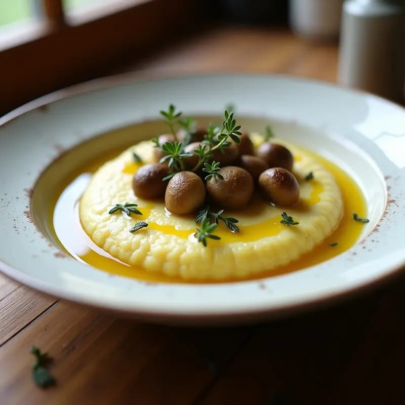 Plato hondo blanco con polenta cremosa de color amarillo pálido, coronada con hongos morchella dorados y ramitas de tomillo fresco. Textura aterciopelada y brillo natural, servida con un hilo de aceite de oliva virgen extra.