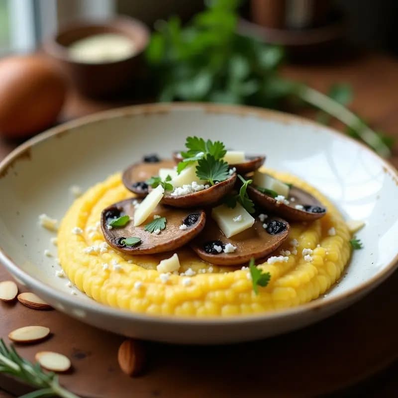 Plato hondo de barro con polenta cremosa de color blanco marfil, coronada por hongos shiitake y portobello dorados, espolvoreada con queso pecorino rallado y decorada con una rama de romero fresco. Receta italiana de confort food.
