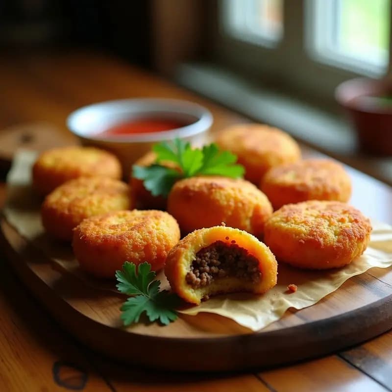 Pollitos de yuca rellenos de carne picada en airfryer, dorados y crujientes por fuera, con un relleno jugoso de carne especiada y queso. Presentados en una bandeja de madera con hierbas frescas y salsa de ají al lado, receta colombiana tradicional sin freír.