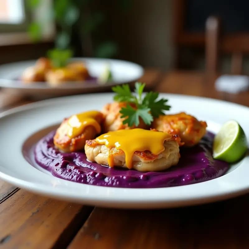 Plato blanco con pollo al ají amarillo dorado en trozos, acompañado de puré de camote morado cremoso y vibrante. Decorado con rodaja de limón y hojas de cilantro. Receta peruana en airfryer.