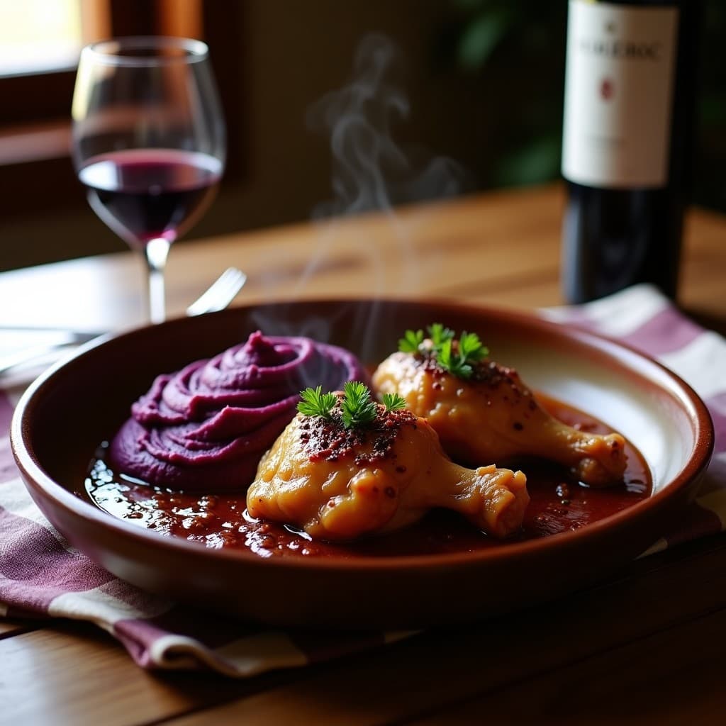 Plato tradicional argentino de pollo al chinchulín en olla lenta, con trozos de pollo dorado y chinchulín en salsa oscura, acompañado de puré de papa morada vibrante, servido en plato rústico de barro con perejil fresco.