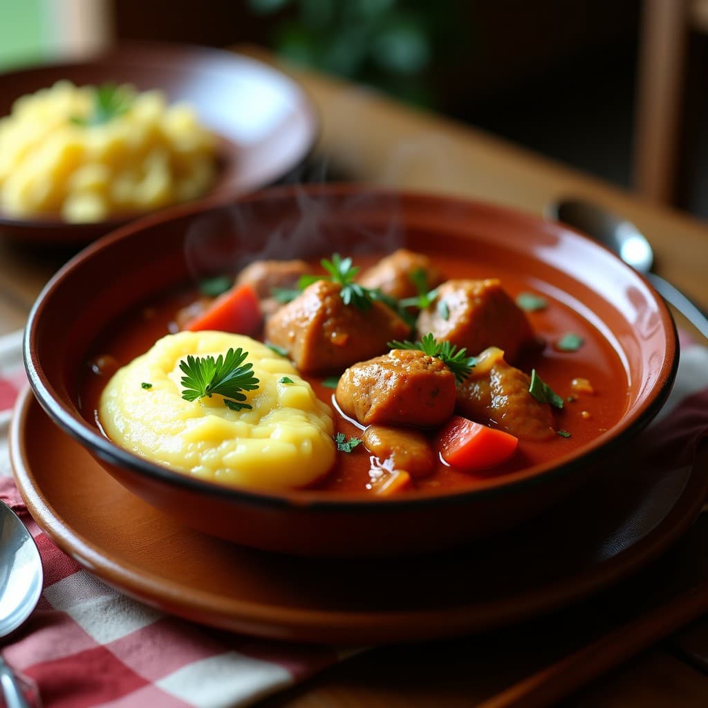 Plato hondo de barro con pollo al chinchulín estofado, trozos dorados de pollo y chinchulín en salsa espesa, acompañado de puré de yuca cremoso y perejil fresco. Receta argentina tradicional en olla lenta.