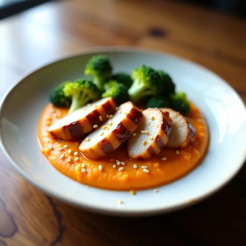Plato de pollo al miso dorado sobre puré de boniato cremoso, acompañado de brócoli al vapor y espolvoreado con semillas de sésamo. Receta japonesa fácil y nutritiva.