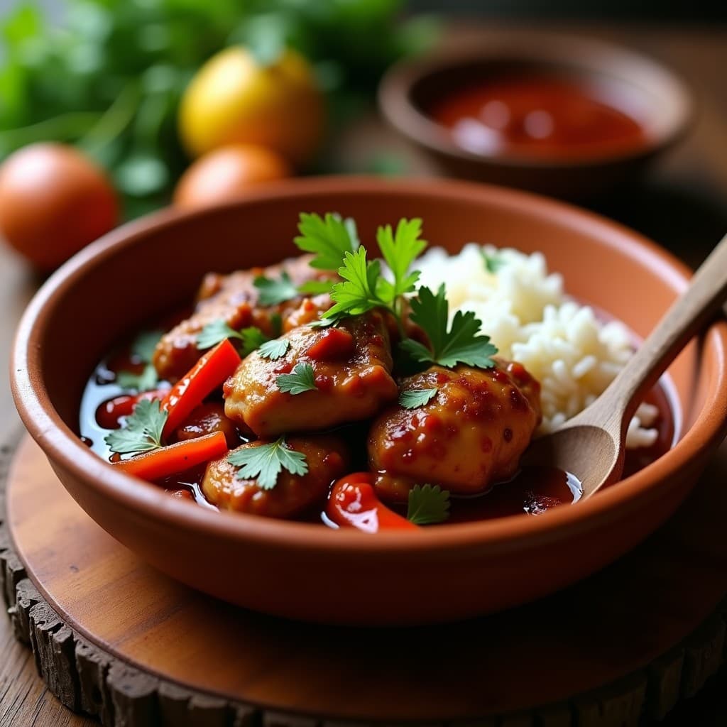 Plato hondo de barro con pollo al siete sabores cubano, bañado en salsa oscura brillante con trozos de mermelada de higo, acompañado de arroz blanco y decorado con cilantro fresco. Receta dulce-salada en olla lenta.