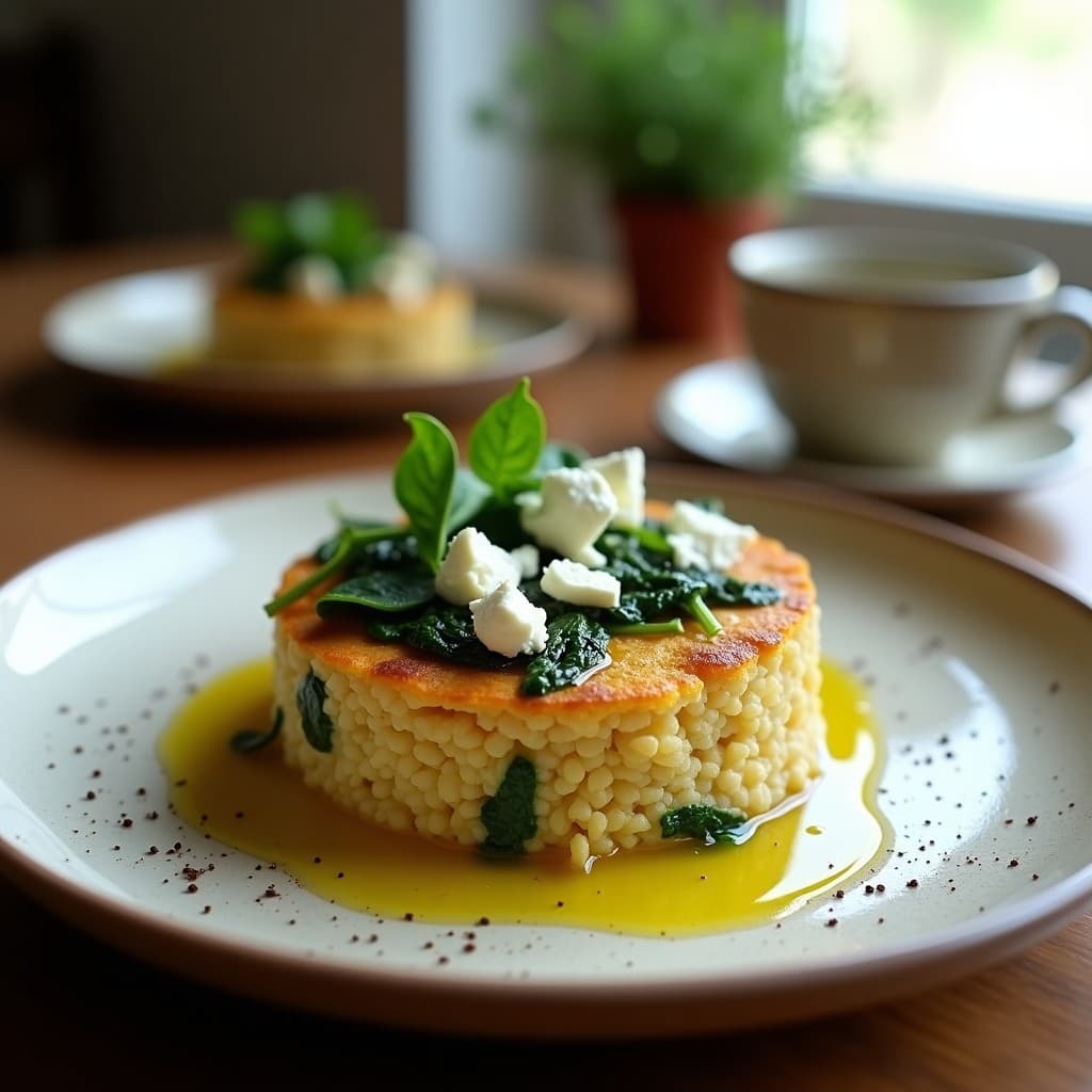 Porfido dorado de trigo sarraceno con espinacas verdes y trozos de queso de cabra blanco desmenuzado, servido en un plato de cerámica rústica con un hilo de aceite de oliva y pimienta negra.