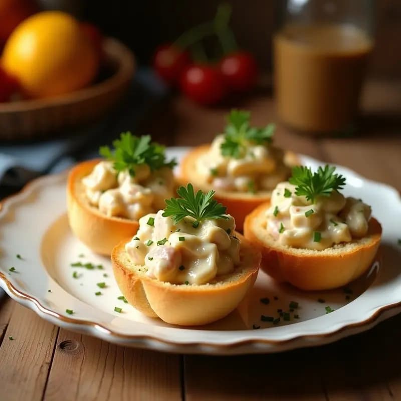 Plato blanco con porras andaluzas doradas rellenas de mezcla de atún, huevo y mayonesa, decoradas con perejil fresco sobre fondo rústico de madera.