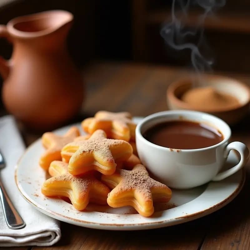 Plato hondo de cerámica blanca con porras a la madrileña doradas y espolvoreadas con azúcar y canela, acompañadas de un tazón de chocolate a la taza espeso. Fondo rústico con detalles de cocina tradicional española.