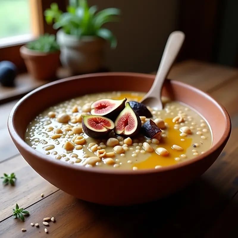 Bol de barro con porridge de amaranto cremoso, coronado con trozos de higos secos, nueces picadas y un hilo de miel. Textura espesa y color dorado, con un fondo rústico de madera y una cucharita de madera.