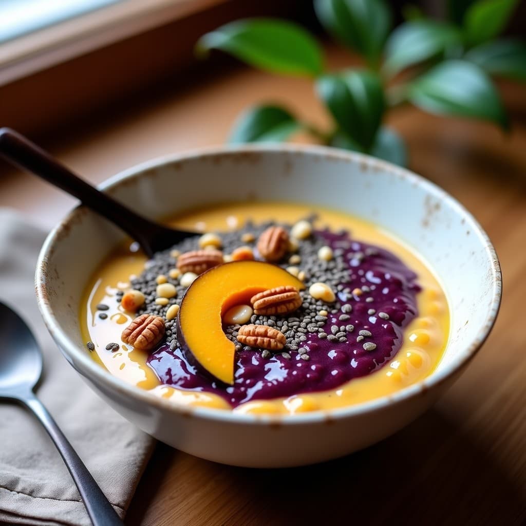 Bol de cerámica blanca con porridge de amaranto cremoso, cubierto con puré de calabaza morada vibrante, semillas de cálamo espolvoreadas, semillas de chía y nueces pecanas tostadas. Fondo rústico con una cuchara de madera y hojas verdes decorativas. Receta de desayuno antioxidante sin gluten.