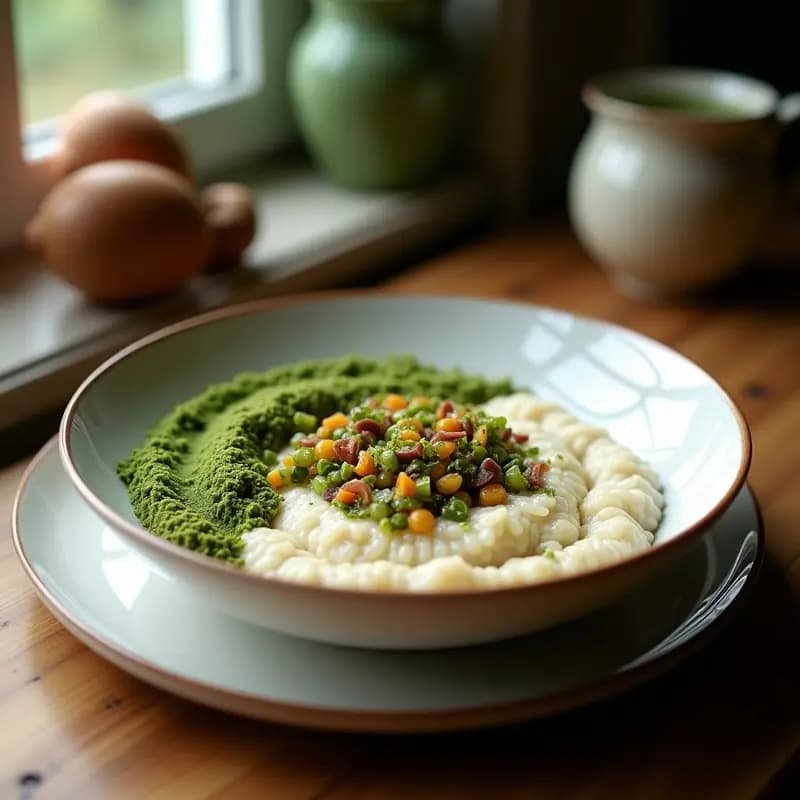 Bol de cerámica blanca con porridge de amaranto cremoso, de color verde pálido por el matcha, decorado con almendras tostadas, coco rallado y arándanos frescos. Fondo con telas de lino crudo y hojas de matcha esparcidas.