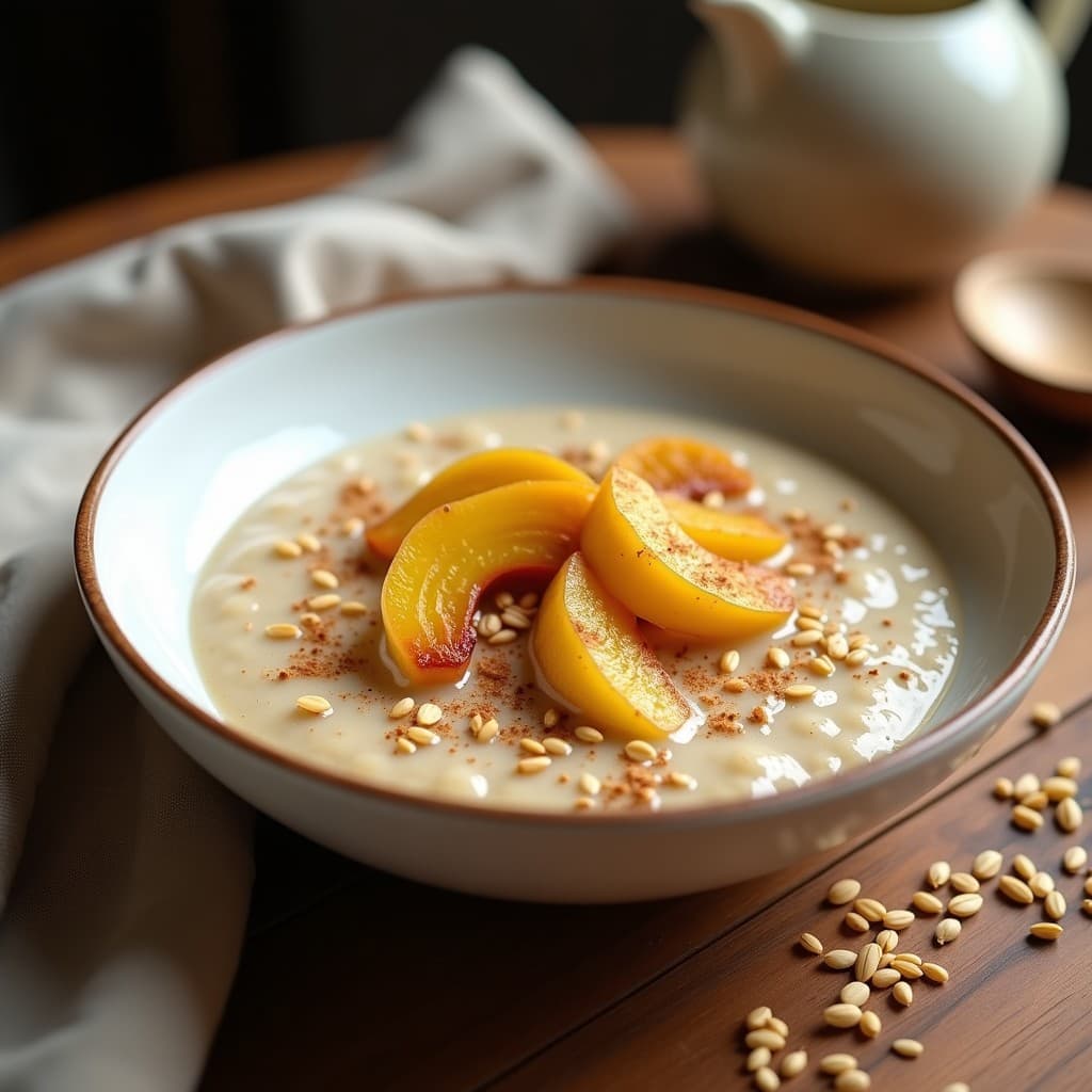 Bol de cerámica blanca con porridge cremoso de amaranto y leche de tigernut, decorado con rodajas doradas de plátano macho, semillas de lino dorado y un espolvoreado de canela. Fondo rústico con cuchara de madera.