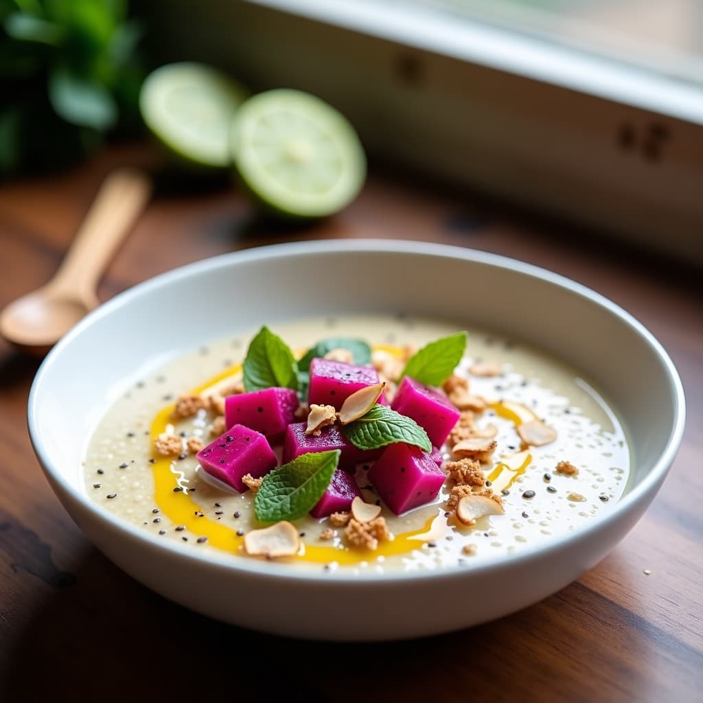 Bol de cerámica blanca con porridge cremoso de amaranto, bañado en leche de tigre amarillenta con trozos de jengibre y ajo. Cubos de fruta del dragón rosa y semillas de chía decoran la superficie. Toppings de coco rallado tostado y hojas de menta fresca. Fondo de madera rústica con utensilios de cocina al lado.