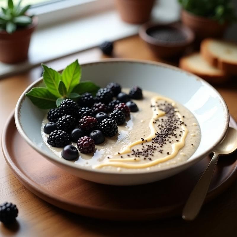 Bol de cerámica blanca con porridge cremoso de amaranto, cubierto de moras frescas oscuras, un hilo de crema de tahini beige y semillas de chía negras. Plato de desayuno antiinflamatorio saludable y colorido.