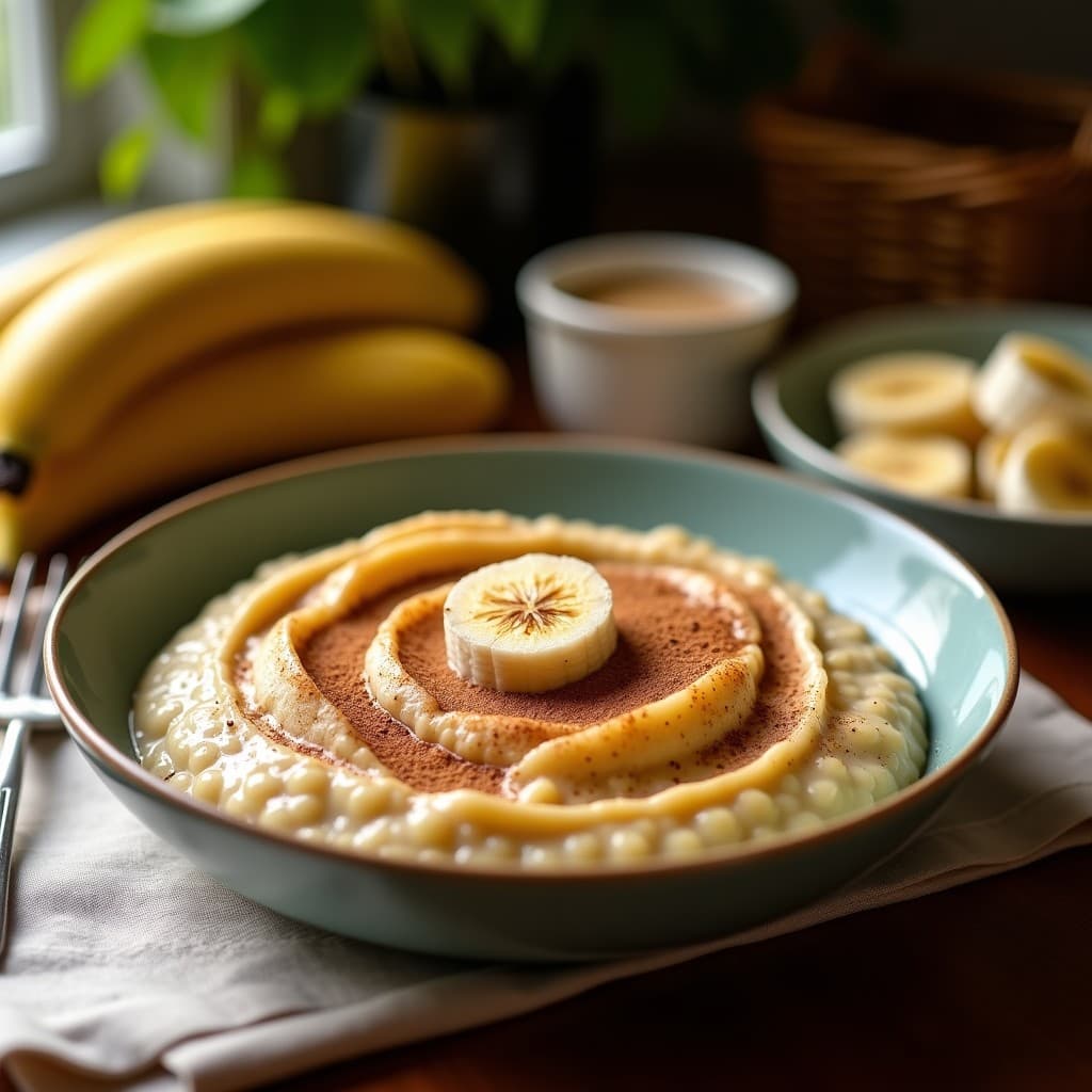 Bol de cerámica blanca con porridge cremoso de color beige claro, espolvoreado con canela y decorado con nueces de Brasil picadas. Textura sedosa y humeante, servido sobre una mesa de madera rústica con una cuchara de madera.