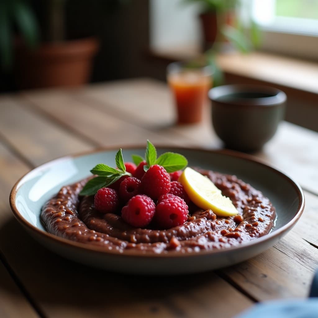 Bowl de porridge cremoso de color morado oscuro con vetas de cacao, decorado con semillas de chía, coco rallado y trozos de batata morada asada, sobre fondo de madera clara.