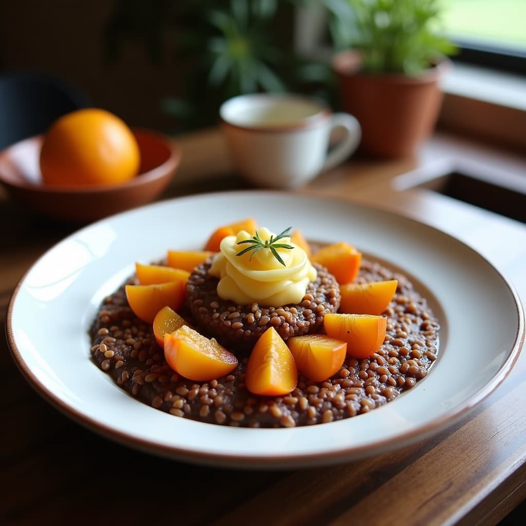 Bol hondo de cerámica blanca con porridge de quinoa y cacao, cubierto de compota de ciruelas pasas oscuras, decorado con nueces picadas y semillas de chía, sobre fondo rústico de madera.