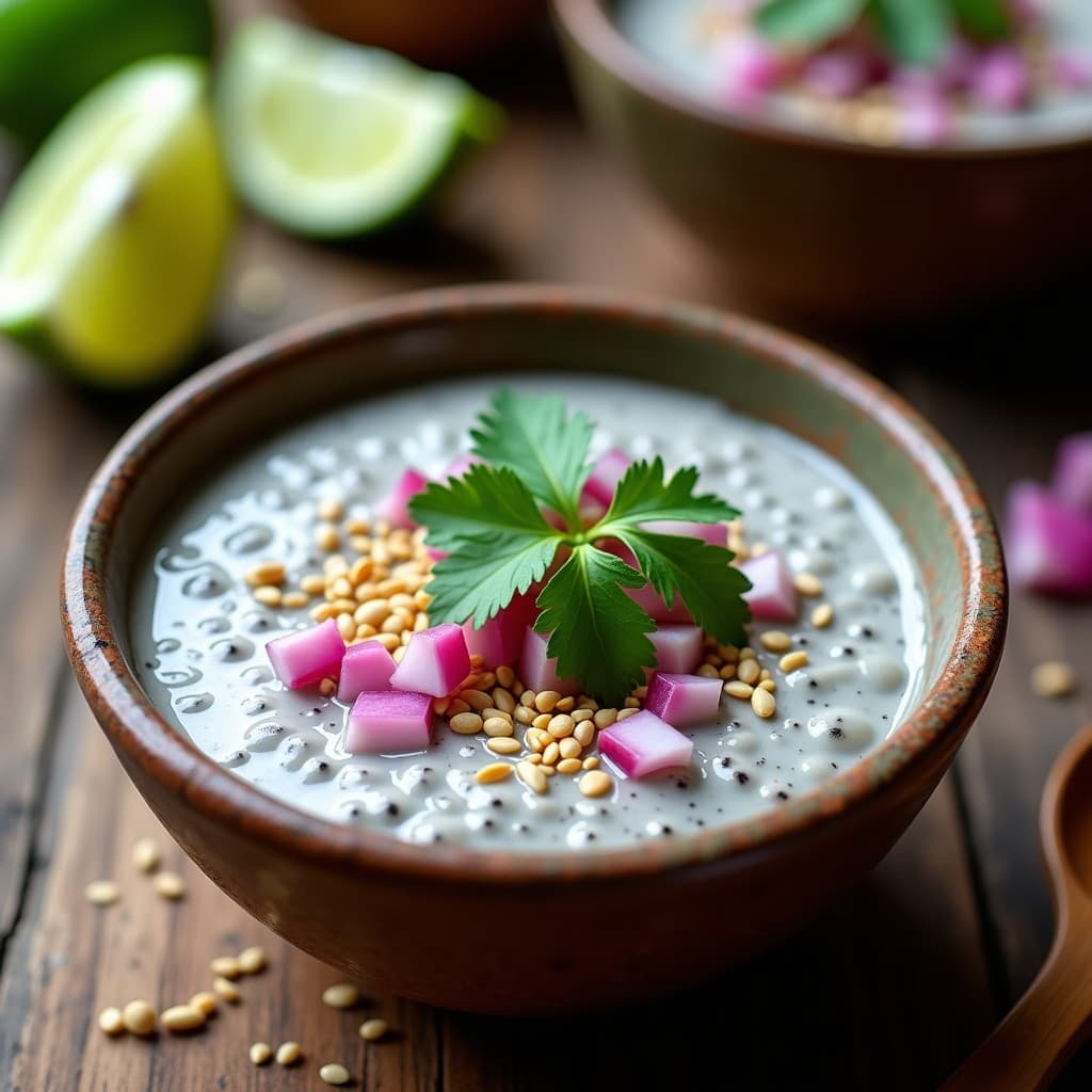 Bol de cerámica blanca con porridge de chía cremoso, decorado con semillas de sésamo y hojas de culantro, acompañado de un vaso pequeño con leche de tigre amarillenta. Desayuno peruano alto en omega-3 sobre fondo de madera rústica.