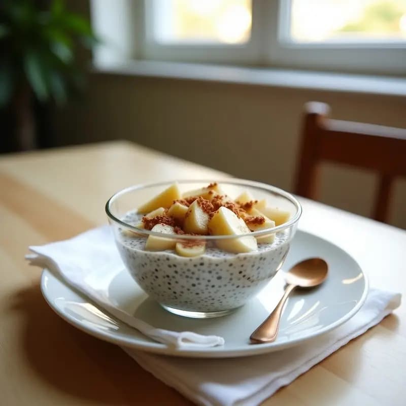 Bol de vidrio transparente con porridge cremoso de semillas de chía, coronado con trozos de manzana, plátano y pera fresca, espolvoreado con canela y nueces fileteadas. Fondo blanco con detalles rústicos de madera.