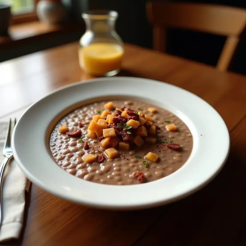Bol de porridge cremoso de mijo color beige, cubierto con rodajas doradas de plátano macho, nueces picadas y semillas de chía. Leche de cacao espolvoreada con canela en primer plano, fondo rústico de madera.