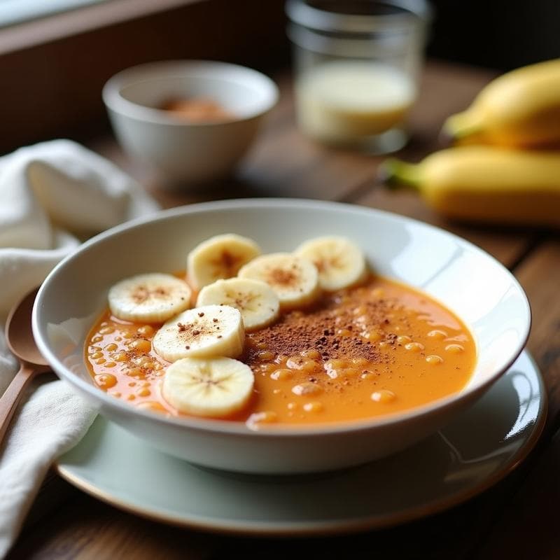 Cuenco de cerámica blanca con porridge de quinoa y acerola, coronado con crema de anacardos espesa, rodajas de plátano maduro, semillas de chía y un espolvoreado de canela. Fondo rústico de madera con una cucharita de madera y un paño de lino. Desayuno brasileño antiinflamatorio.