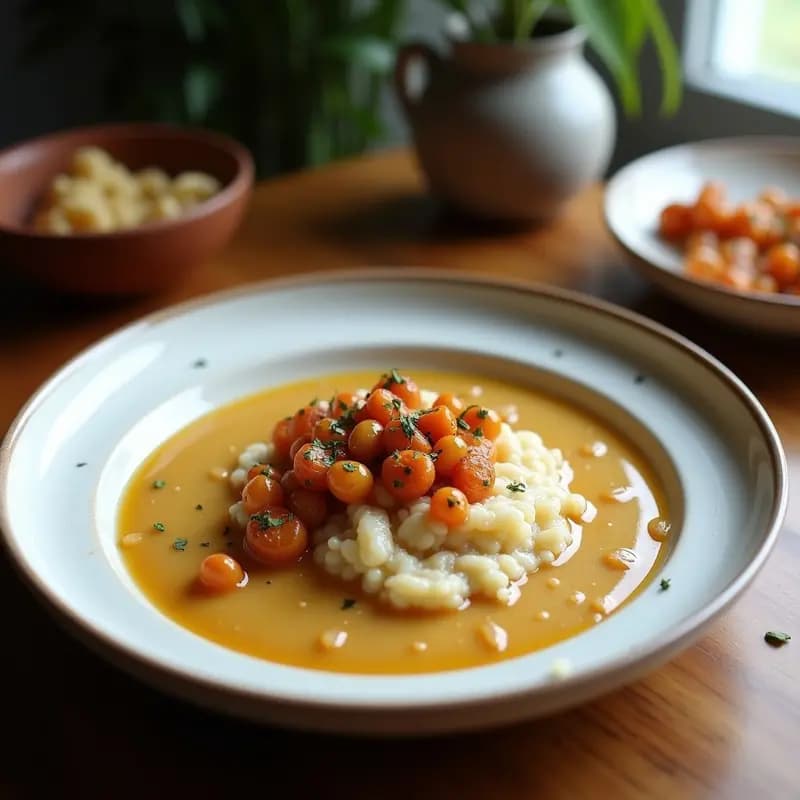 Bol de cerámica blanca con porridge cremoso de quinoa y almendras, coronado con sirope de arce dorado y una pizca de canela, sobre fondo rústico de madera.