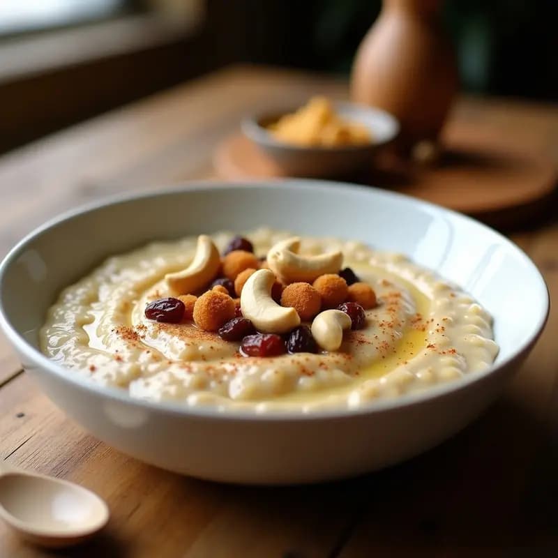 Bol de cerámica blanca con porridge de quinoa cremoso, decorado con leche de anacardo, cardamomo en polvo, anacardos tostados y pasas. Fondo de madera rústica y cucharita de madera.