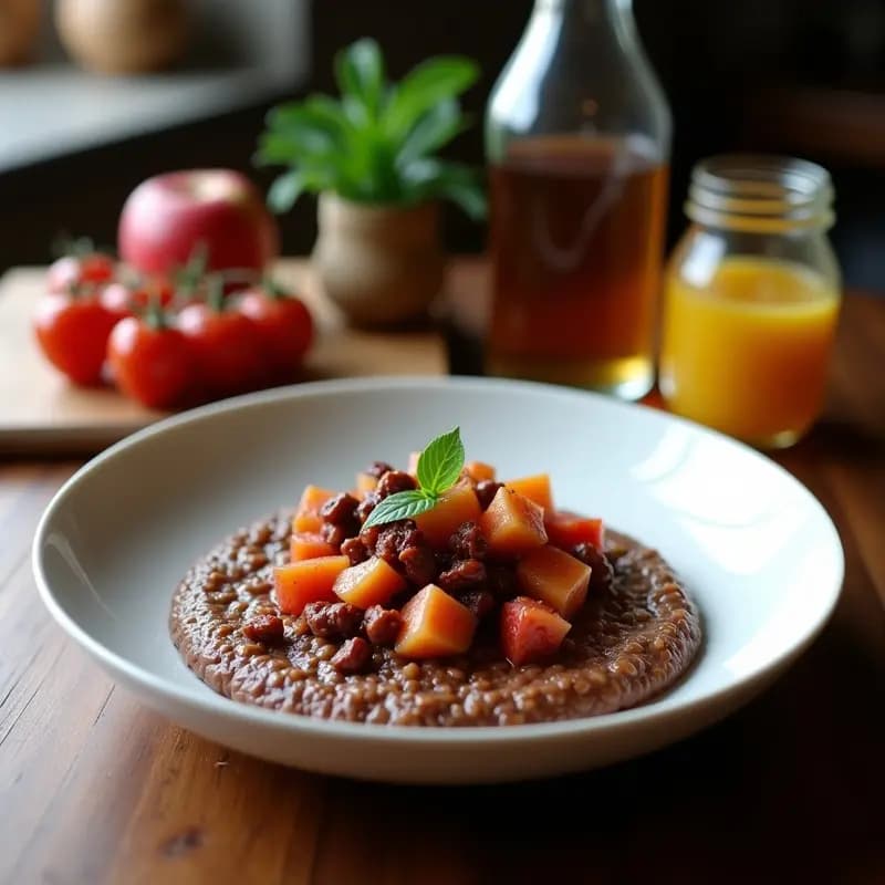 Bol de cerámica blanca con porridge cremoso de quinoa y cacao, cubierto con compota brillante de higo chumbo, espolvoreado con nueces picadas y semillas de chía. Fondo rústico con cuchara de madera y higos chumbos frescos.
