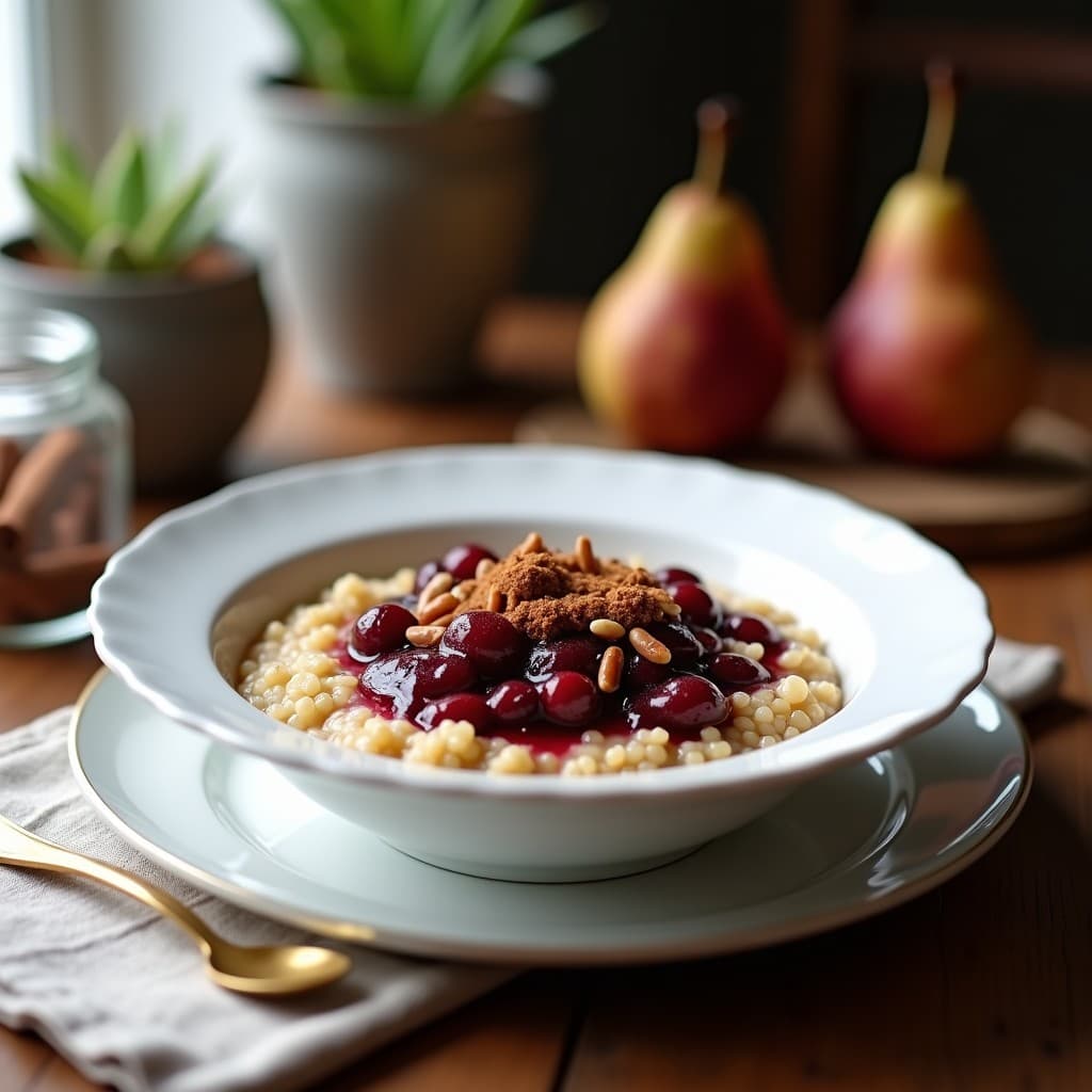 Bol de cerámica blanca con porridge cremoso de quinoa y canela, coronado con compota brillante de peras al vino tinto, nueces pecanas tostadas y un espolvoreado de canela molida. Plato de desayuno antiinflamatorio gourmet.