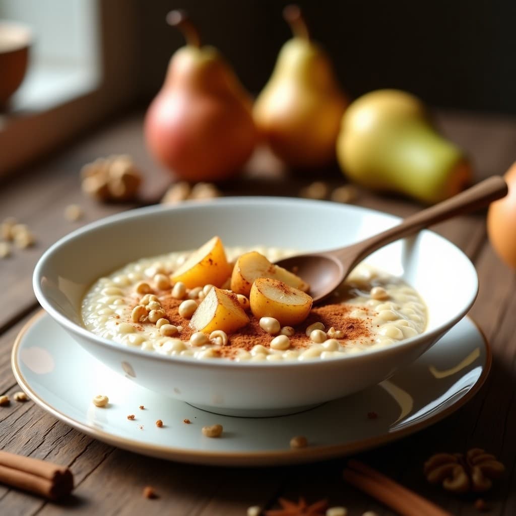 Bol hondo blanco con porridge cremoso de quinoa inflada, decorado con peras asadas doradas, canela espolvoreada, nueces troceadas y un hilo de miel, servido sobre una mesa rústica de madera con una cuchara de madera.