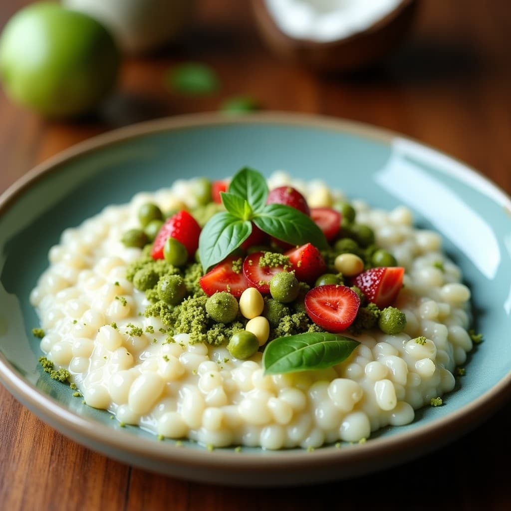 Bol de cerámica blanca con porridge de quinoa cremoso de color verde claro, espolvoreado con coco rallado y almendras fileteadas, acompañado de frutos rojos frescos. Receta de porridge de quinoa con leche de coco y matcha, desayuno energético sin lácteos.