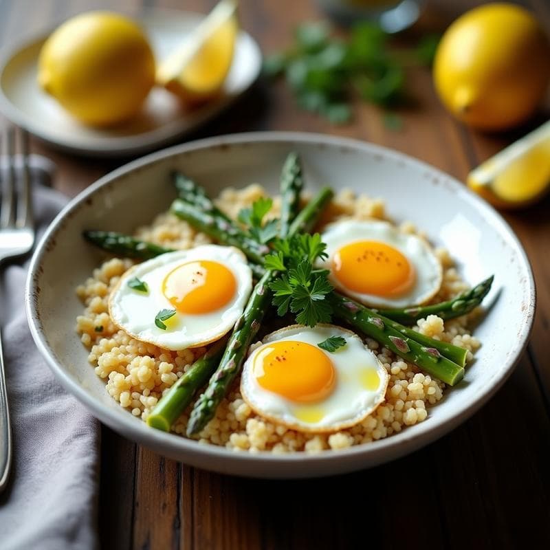 Bol hondo de cerámica blanca con porridge salado de quinoa cremosa, espárragos blancos en trozos, huevos de codorniz fritos con yema líquida y perejil fresco picado. Plato de desayuno proteico sin gluten sobre fondo rústico de madera.