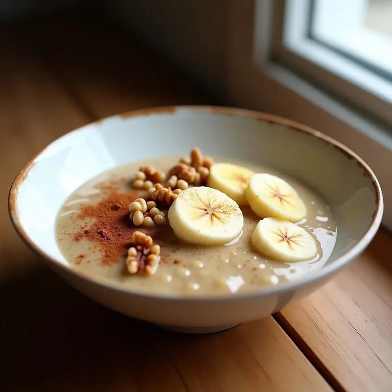 Bol de cerámica blanca con porridge de quinoa cremoso, semillas de chía negras, rodajas de plátano maduro y coco rallado, sobre una mesa de madera rústica con fondo desenfocado. Desayuno colombiano sin lácteos.