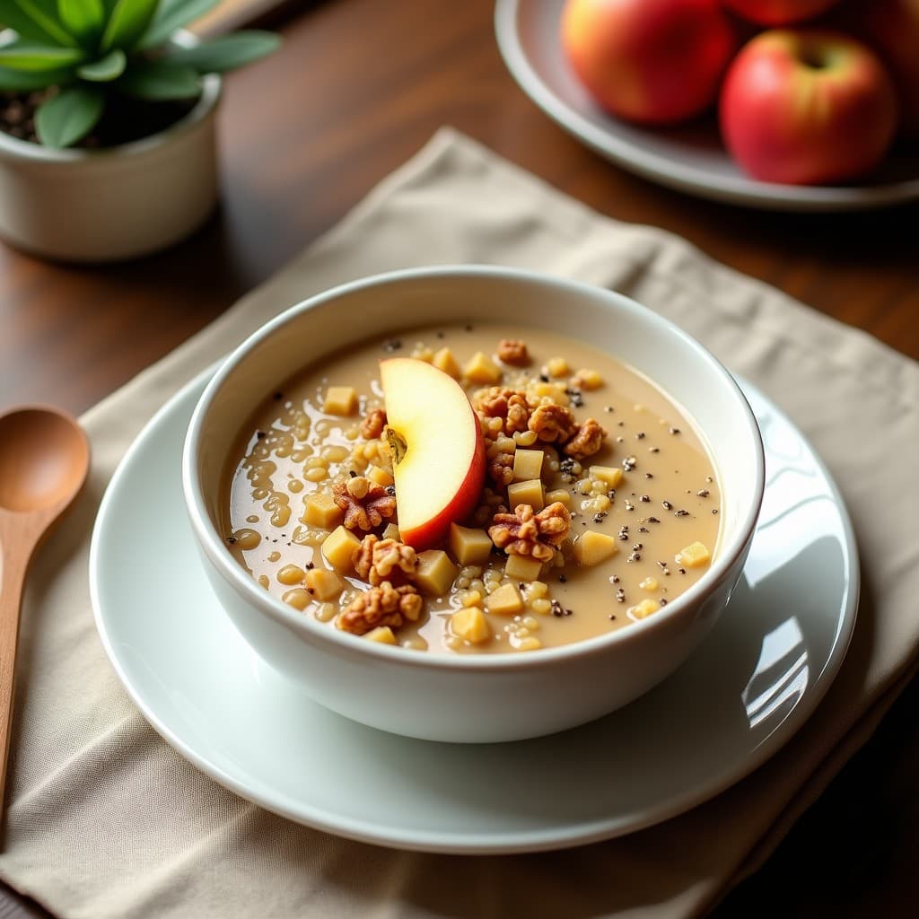 Bol de cerámica blanca con porridge de quinoa y manzana sin lácteos, decorado con nueces picadas y una rodaja de manzana fresca, sobre un mantel de lino beige con una cuchara de madera.