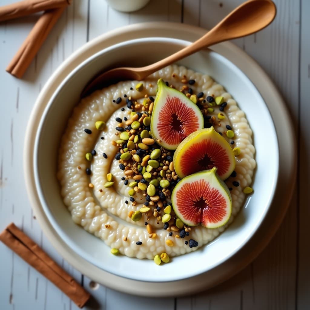 Cuenco de cerámica blanca con porridge cremoso de quinoa bañado en leche de pistacho, coronado con higos caramelizados dorados, pistachos picados y semillas de sésamo negro. Fondo rústico con una cuchara de madera y una rama de canela.