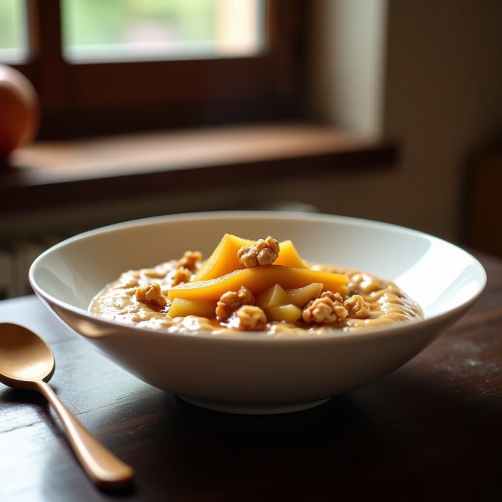 Bol de cerámica blanca con porridge cremoso de trigo sarraceno, cubierto con compota de manzana dorada, nueces picadas y un hilo de miel de agave, sobre una mesa de madera rústica con una cuchara de madera.