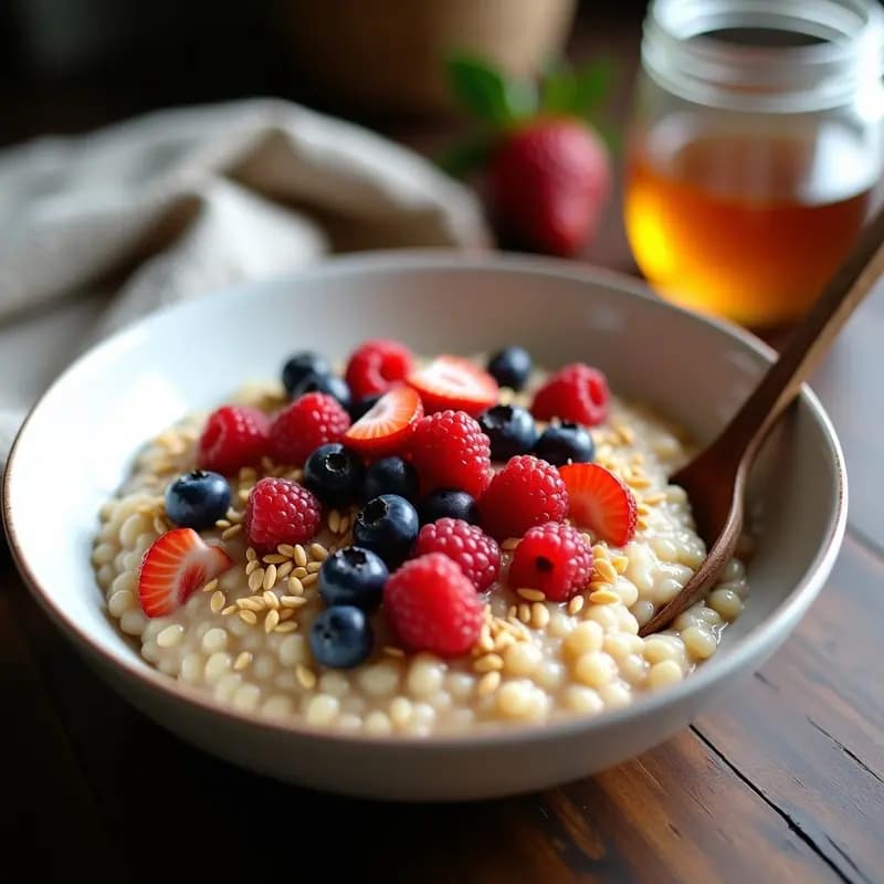 Bowl de porcelana blanca con porridge cremoso de trigo sarraceno, cubierto de frutos rojos frescos (frambuesas, arándanos y fresas), semillas de lino doradas y un hilo de miel. Fondo de madera rústica con cucharón de madera.