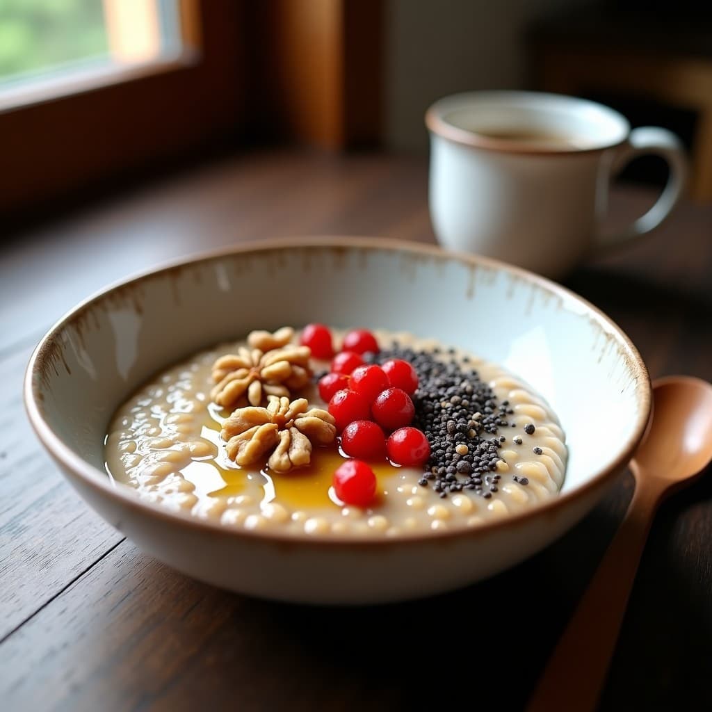 Bol de cerámica blanca con porridge cremoso de trigo sarraceno, decorado con bayas de goji rojas vibrantes, semillas de chía negras, nueces picadas y un hilo de miel dorada. Fondo de madera rústica con cucharón de madera.