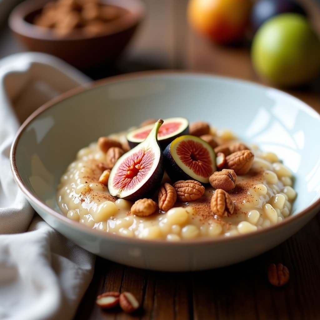 Bol hondo de cerámica blanca con porridge cremoso de trigo sarraceno, coronado con higos frescos caramelizados, nueces pecanas troceadas y un espolvoreado de canela. Desayuno keto saludable y reconfortante.