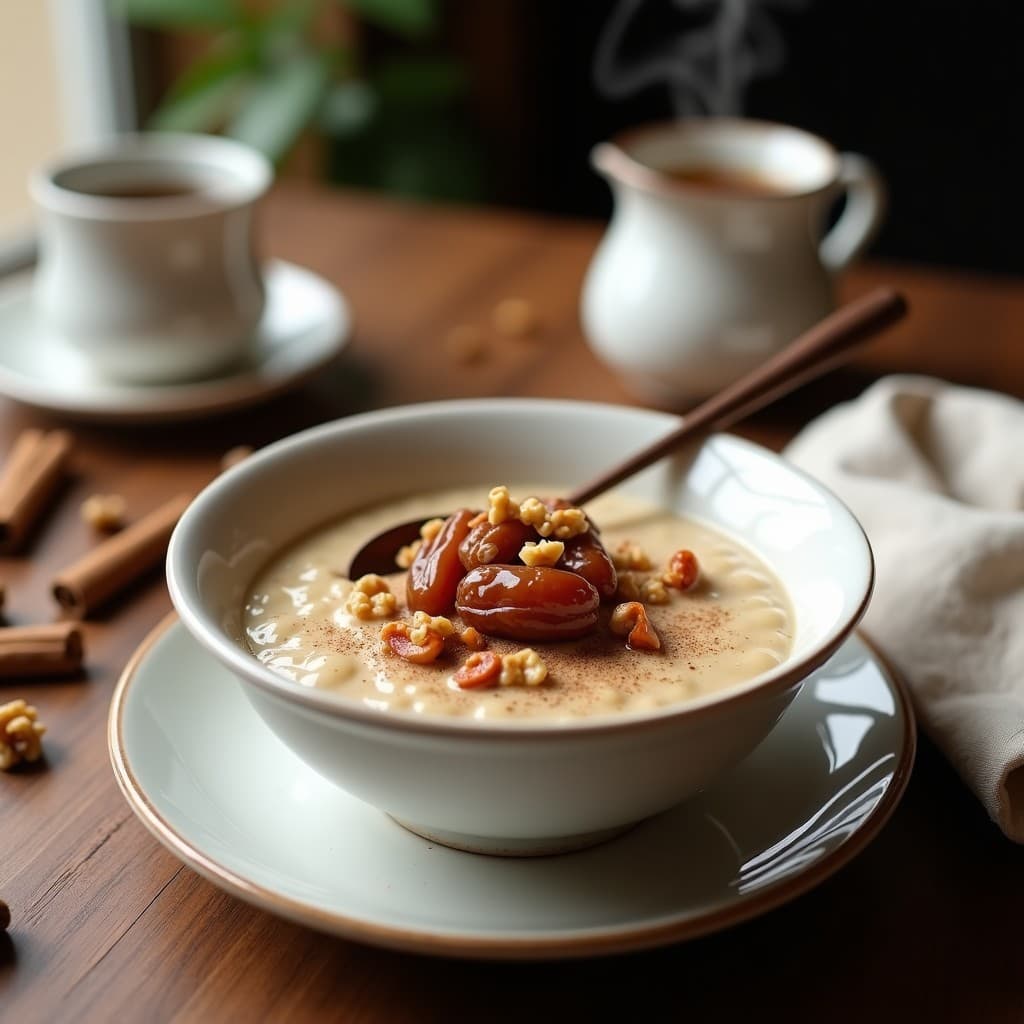 Bol de cerámica blanca con porridge de trigo sarraceno cremoso, cubierto con dátiles tostados dorados, nueces picadas y una pizca de canela en polvo. Fondo rústico con cuchara de madera y taza de té.