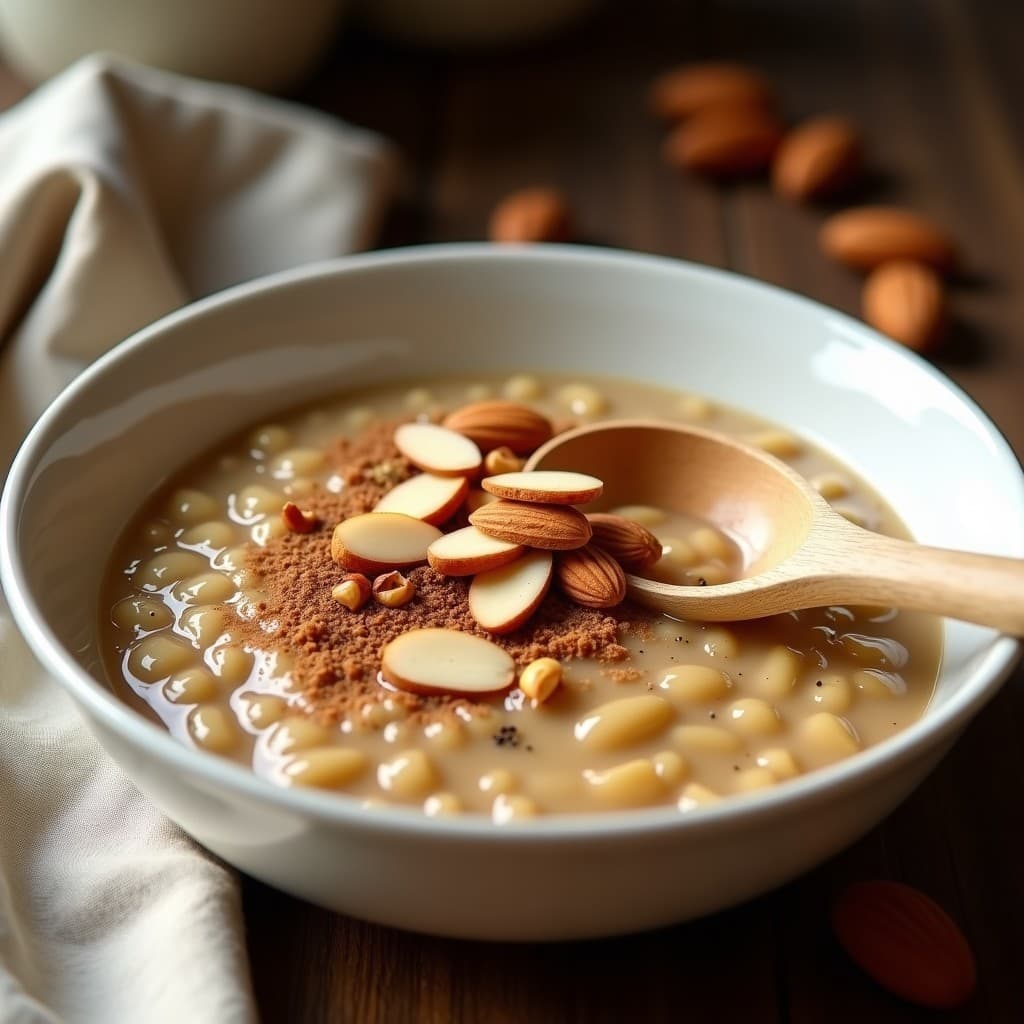Bol de cerámica blanca con porridge cremoso de trigo sarraceno y polvo de reishi, decorado con almendras fileteadas, canela espolvoreada y un toque de leche de almendras. Plato servido sobre una mesa de madera con una cuchara de madera y un paño de lino al fondo. Desayuno vegano inmunoestimulante.